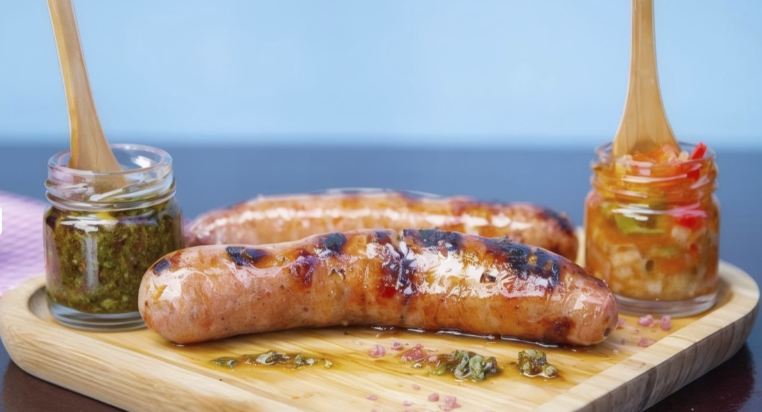 Chorizo criollo servido con chimichurri y salsa fresca